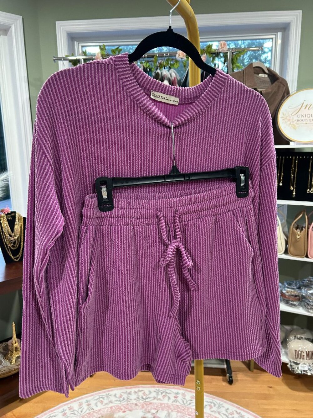 NWT Zenana LT PLUM Raised-Rib Long-Sleeve Tee + Shorts Set